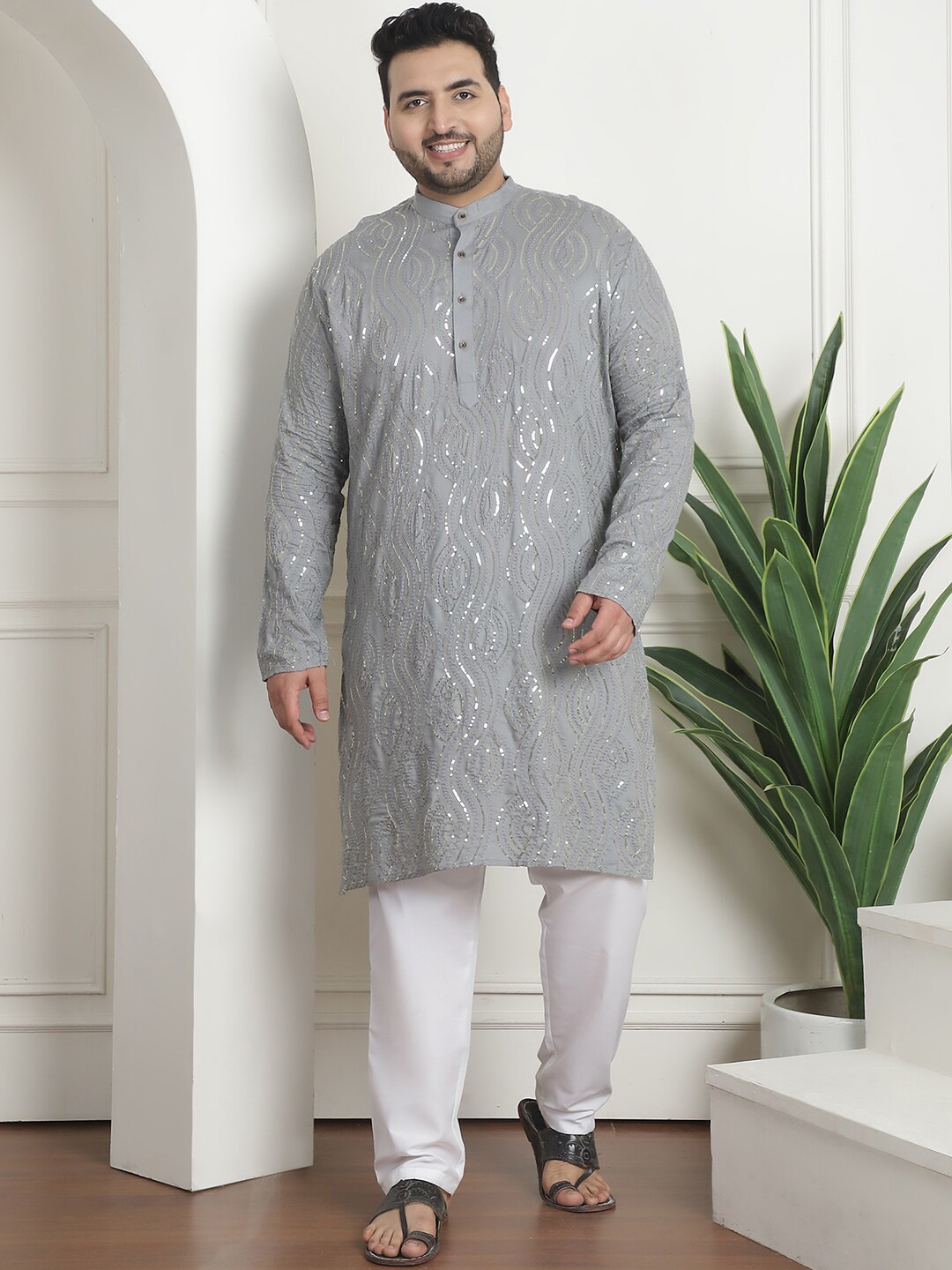 

SOJANYA PLUS Plus Size Embroidered Sequinned Pure Cotton Straight Kurta With Churidar, Grey