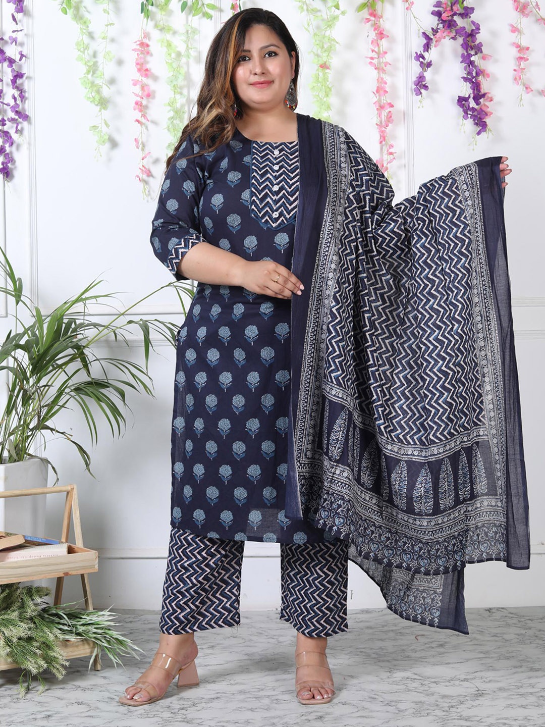 

KALINI Floral Printed Regular Pure Cotton Kurta with Trousers & Dupatta, Blue