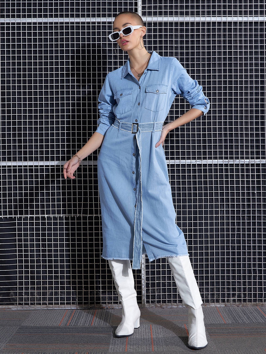 

SASSAFRAS Shirt Collar Raw Edge Belted Midi Shirt Dress, Blue