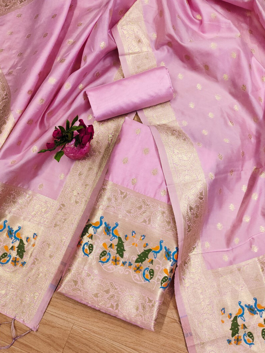 

KALINI Floral Woven Design Zari Art Silk Unstitched Dress Material, Pink