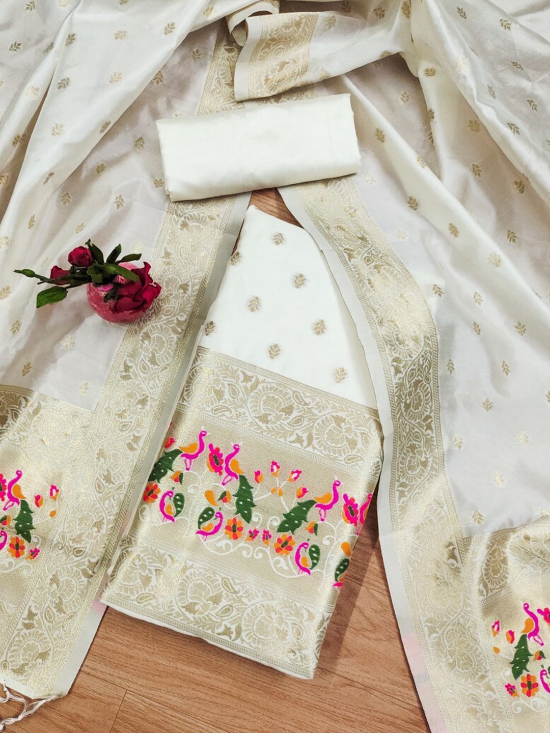 

KALINI Floral Woven Design Zari Art Silk Unstitched Dress Material, White