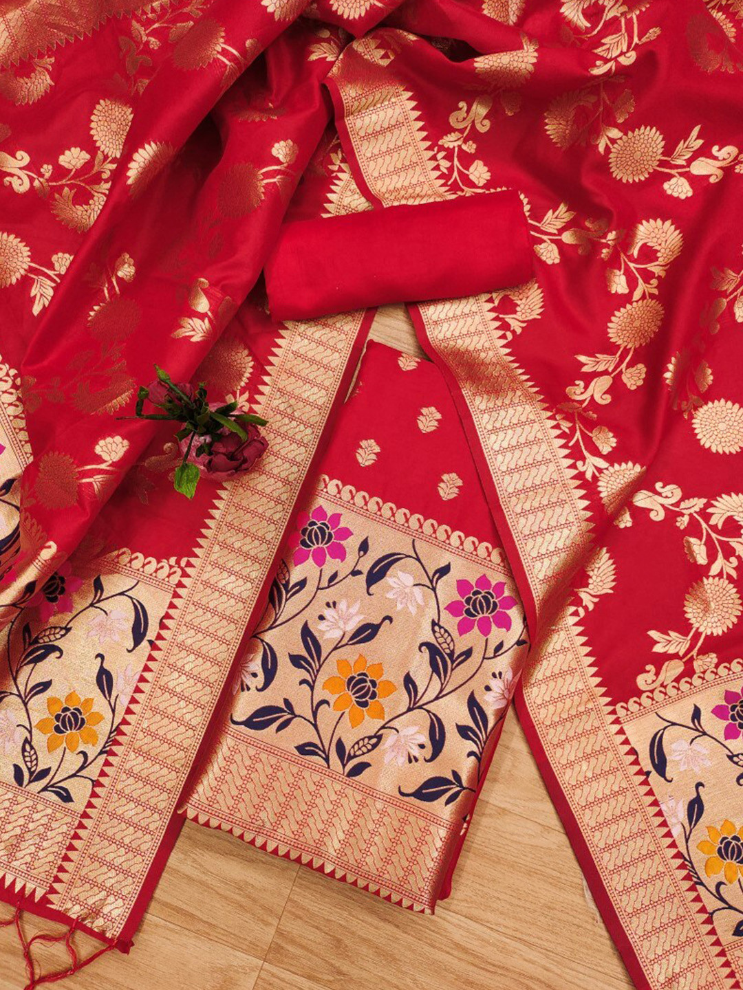 

KALINI Floral Woven Design Zari Art Silk Unstitched Dress Material, Red