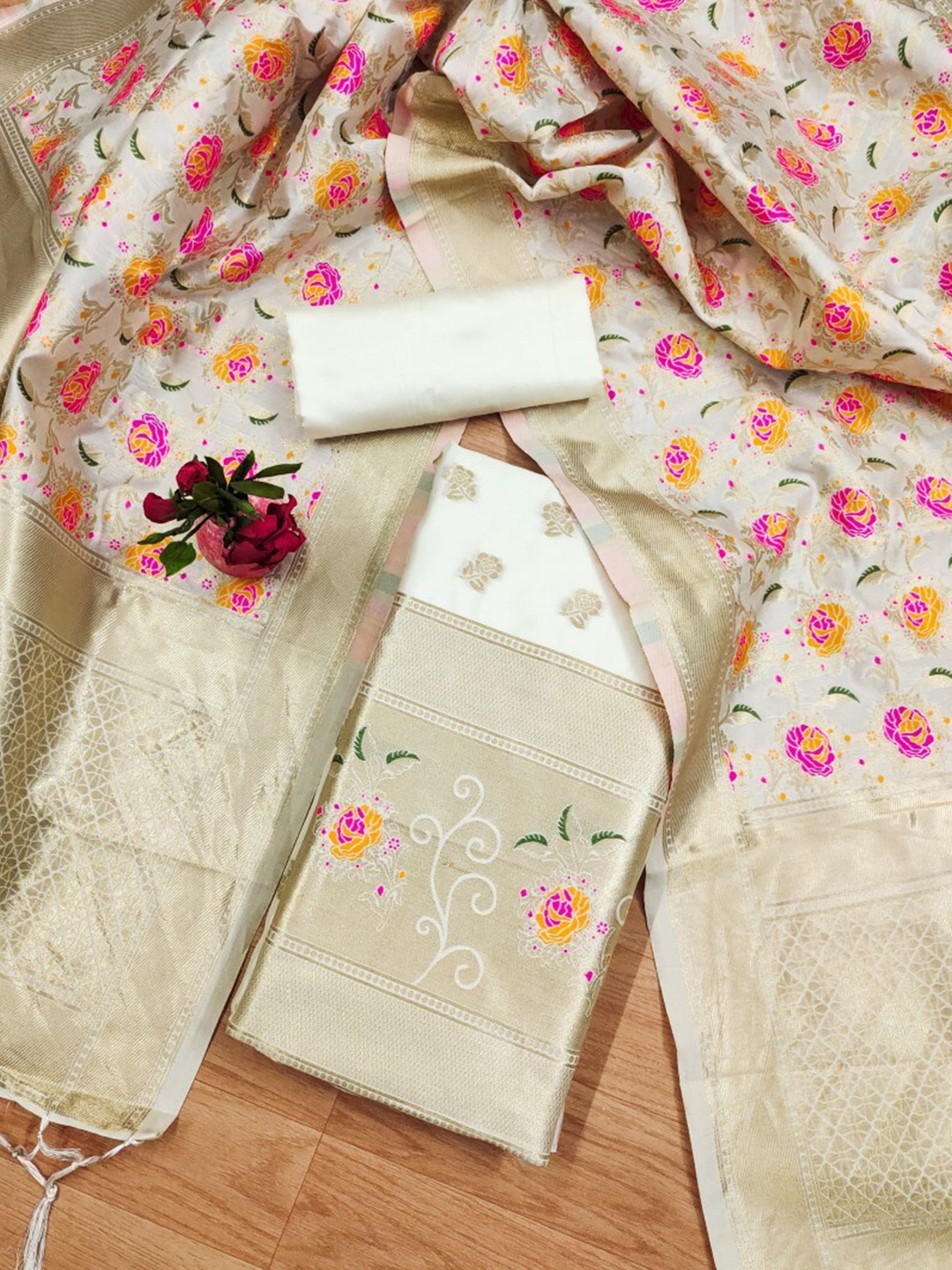 

KALINI Floral Woven Design Zari Art Silk Unstitched Dress Material, White