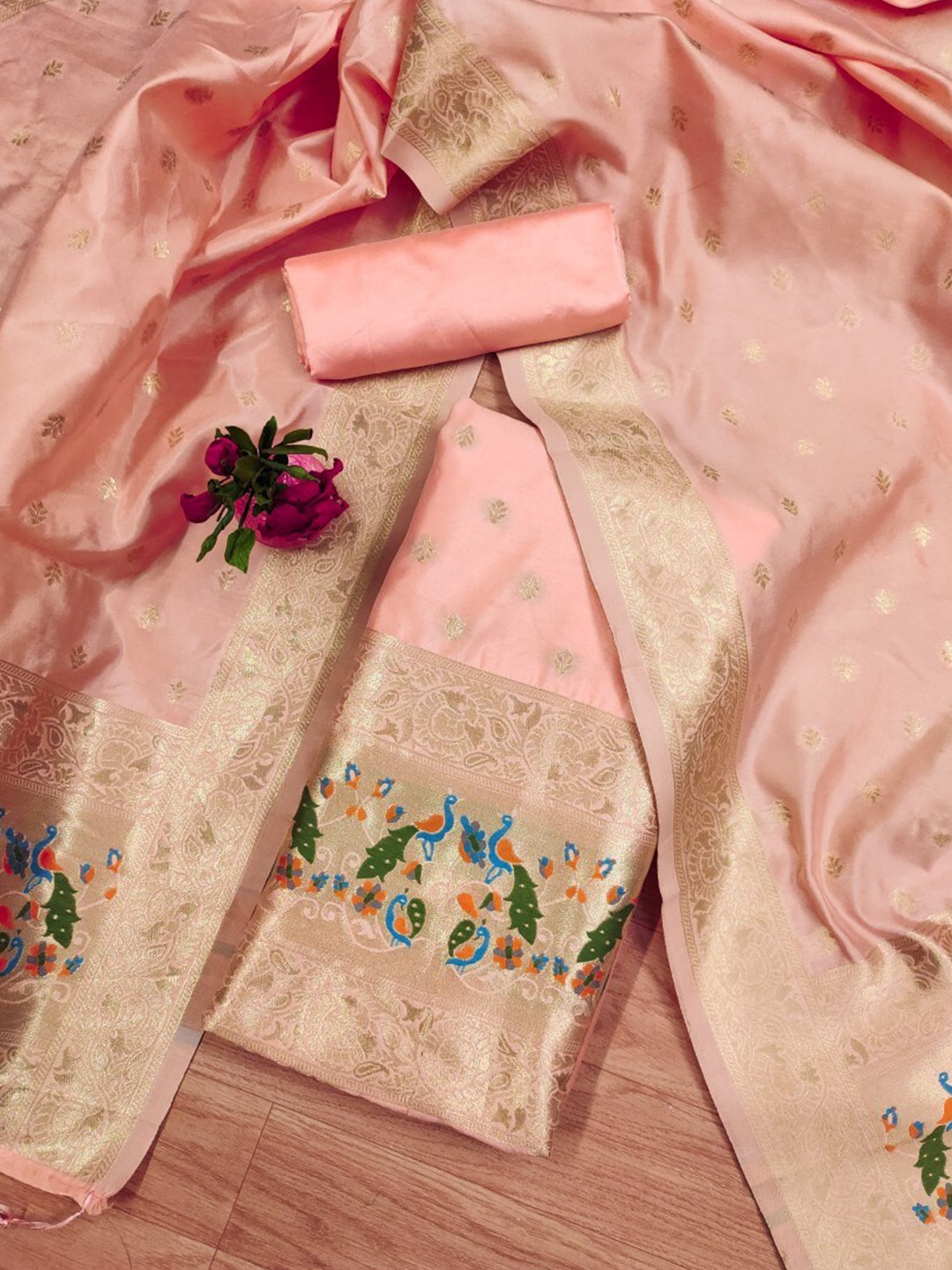 

KALINI Floral Woven Design Zari Art Silk Unstitched Dress Material, Peach