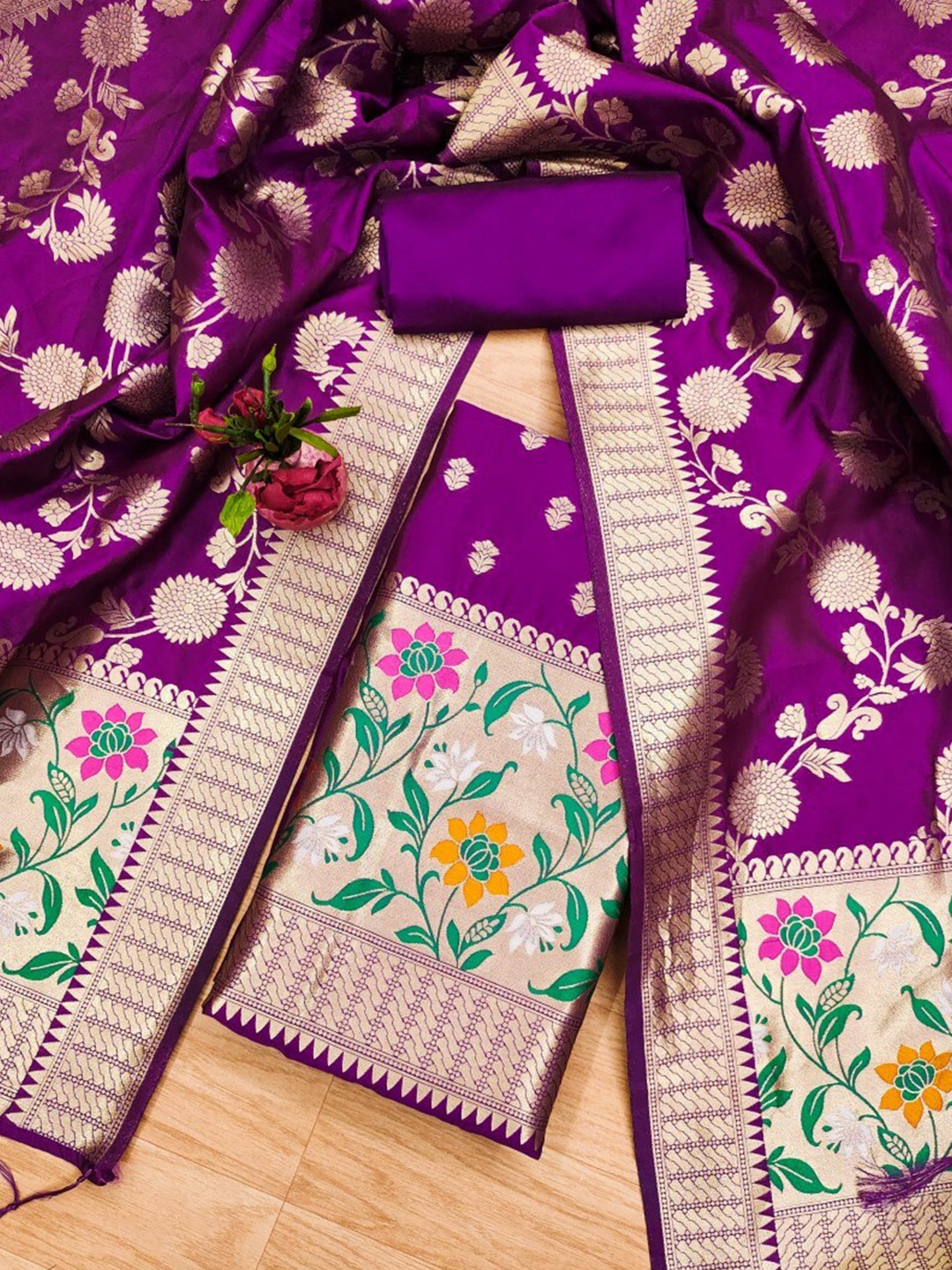 

KALINI Floral Woven Design Zari Art Silk Unstitched Dress Material, Purple