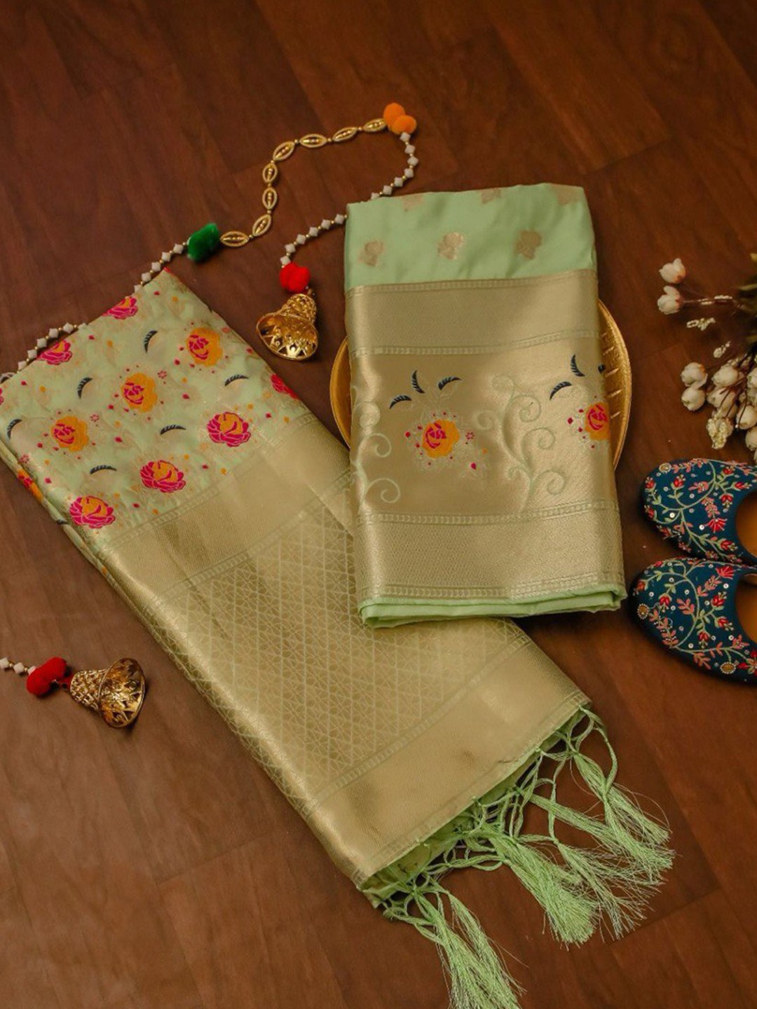 

KALINI Floral Woven Design Zari Art Silk Unstitched Dress Material, Lime green