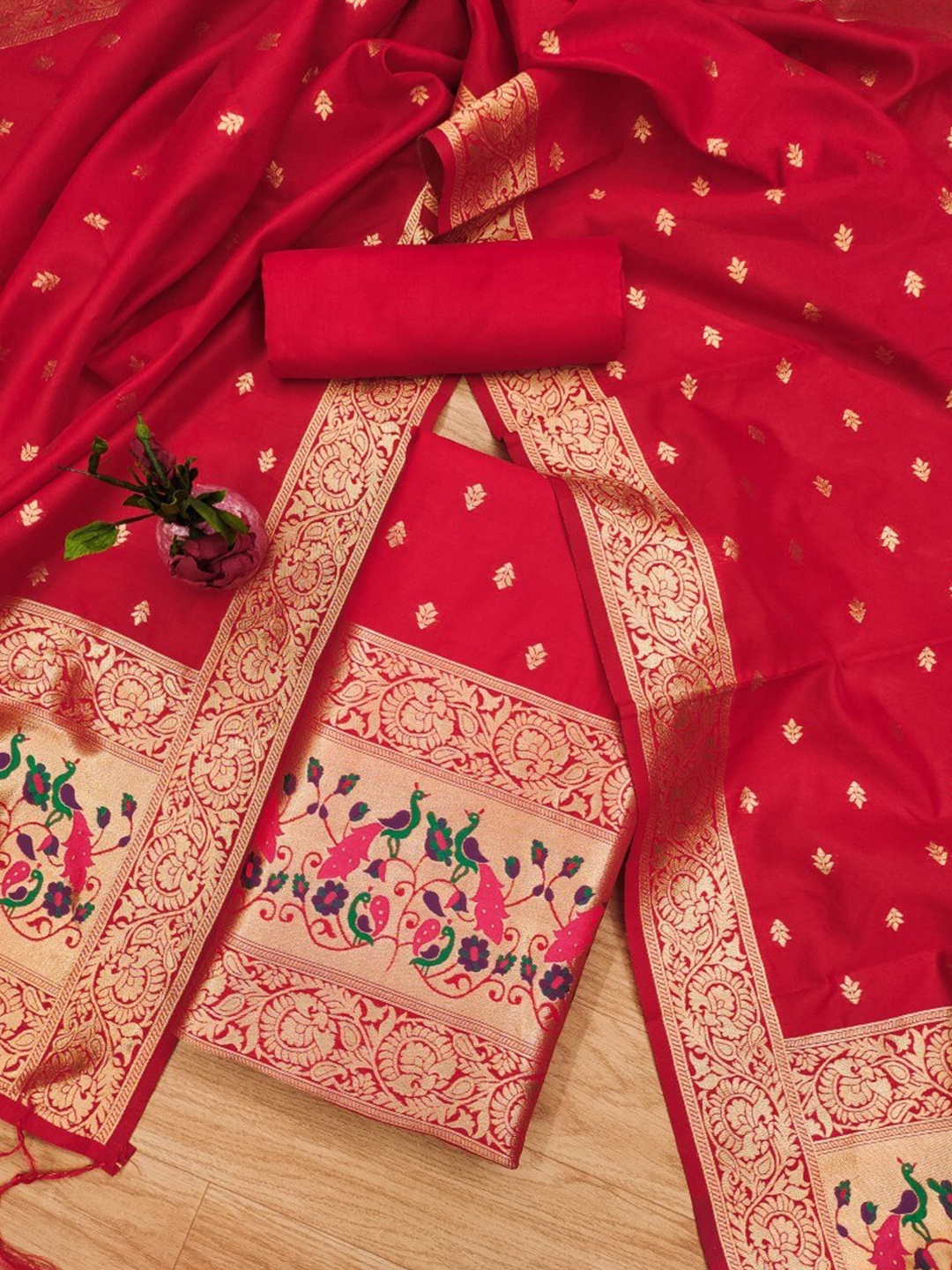

KALINI Floral Woven Design Zari Art Silk Unstitched Dress Material, Red