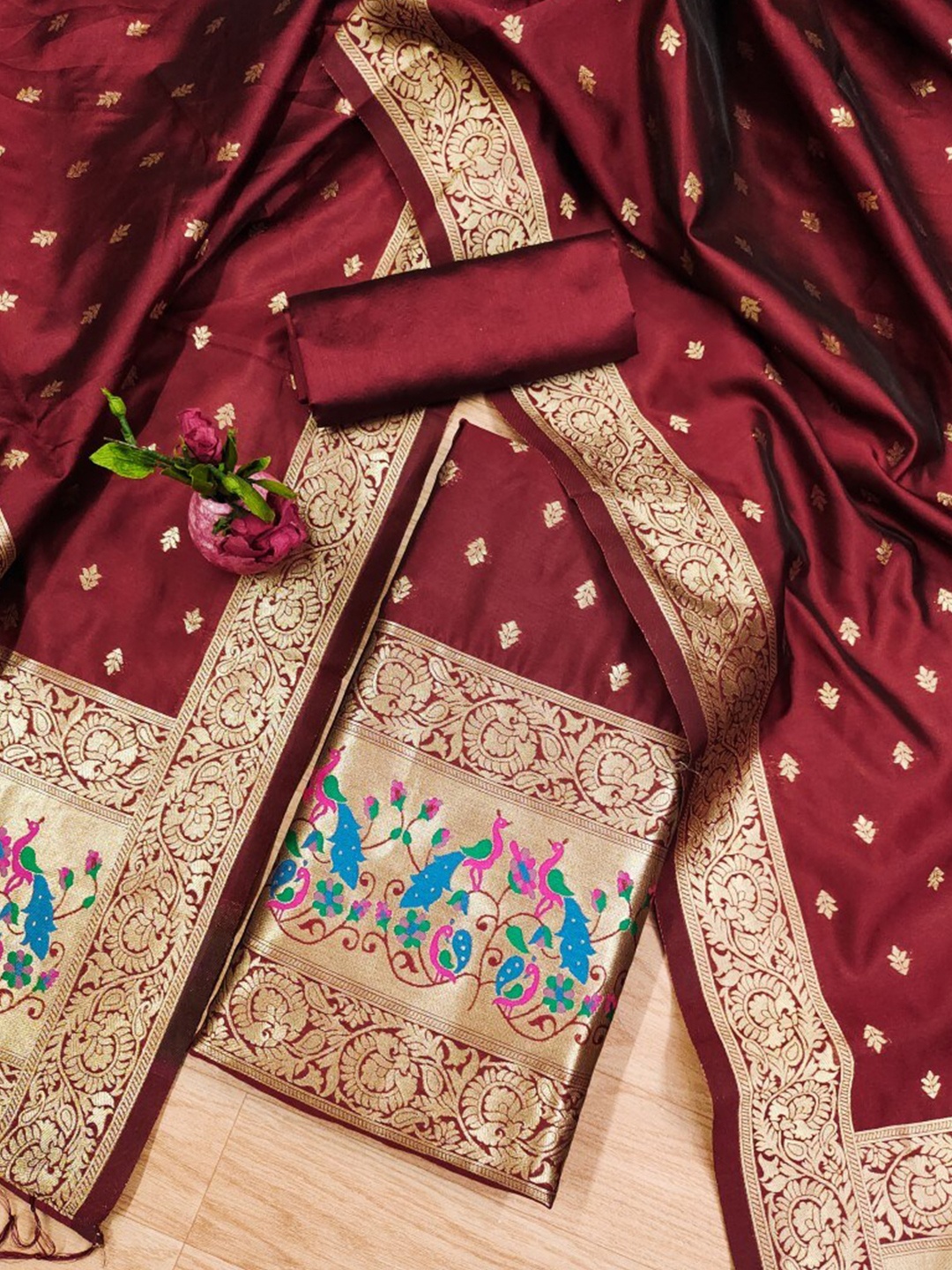 

KALINI Floral Woven Design Zari Art Silk Unstitched Dress Material, Maroon