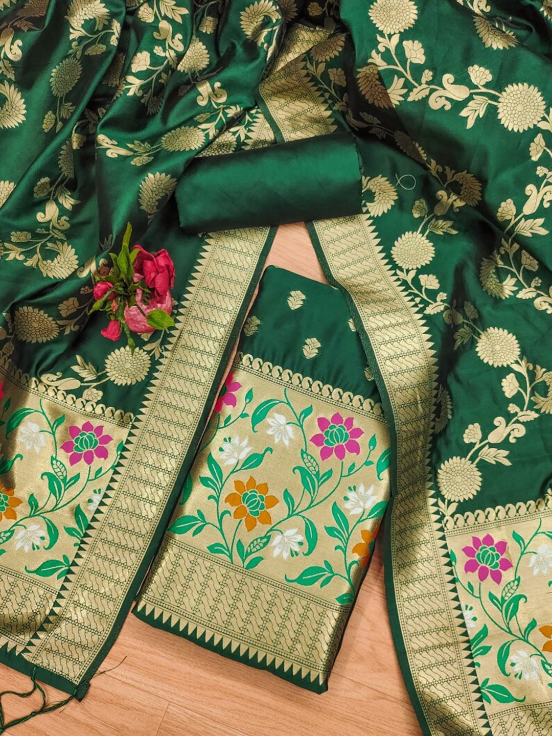 

KALINI Floral Woven Design Zari Art Silk Unstitched Dress Material, Green