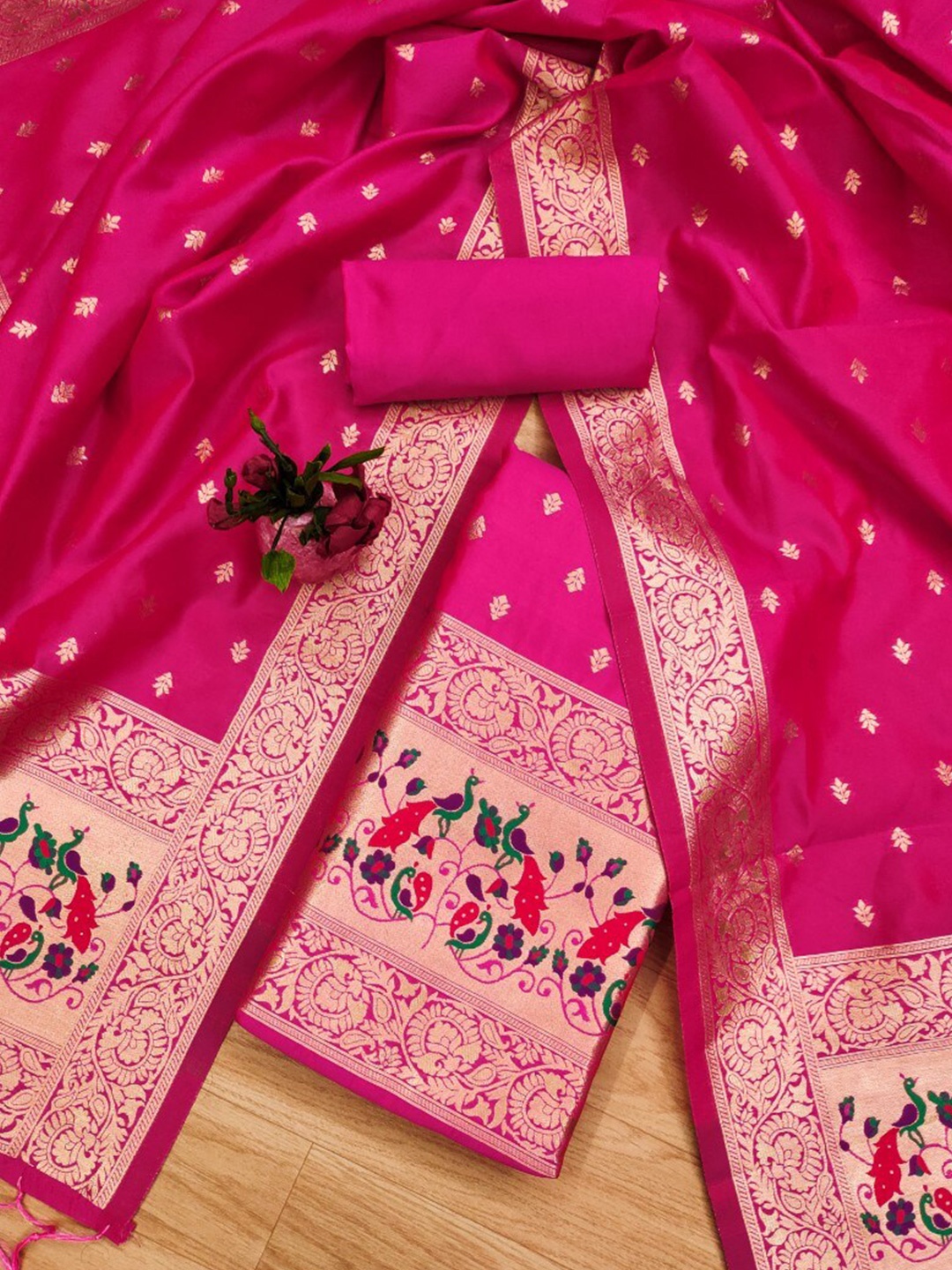 

KALINI Floral Woven Design Zari Art Silk Unstitched Dress Material, Pink