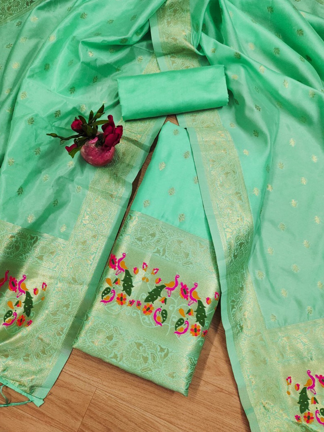 

KALINI Floral Woven Design Zari Art Silk Unstitched Dress Material, Sea green