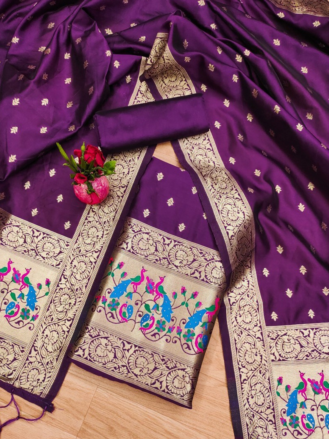 

KALINI Floral Woven Design Zari Art Silk Unstitched Dress Material, Purple