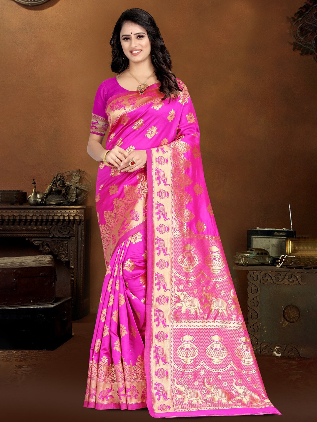 

KALINI Floral Woven Design Zari Kanjeevaram Saree, Pink