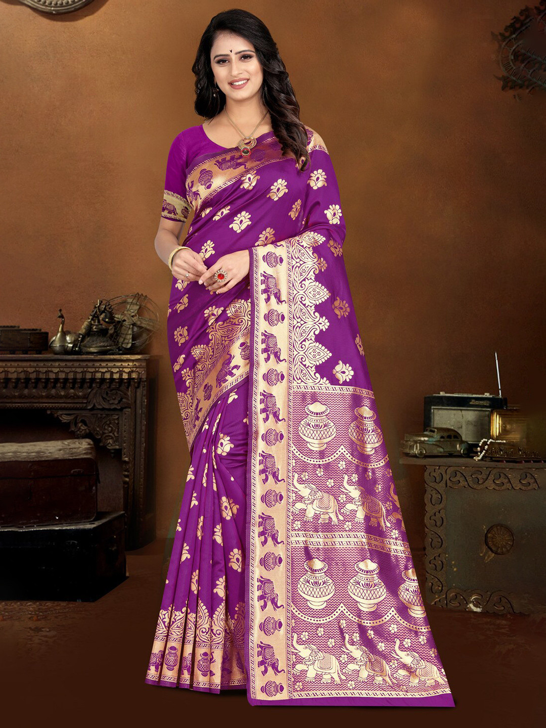 

KALINI Floral Woven Design Kanjeevaram Saree, Purple