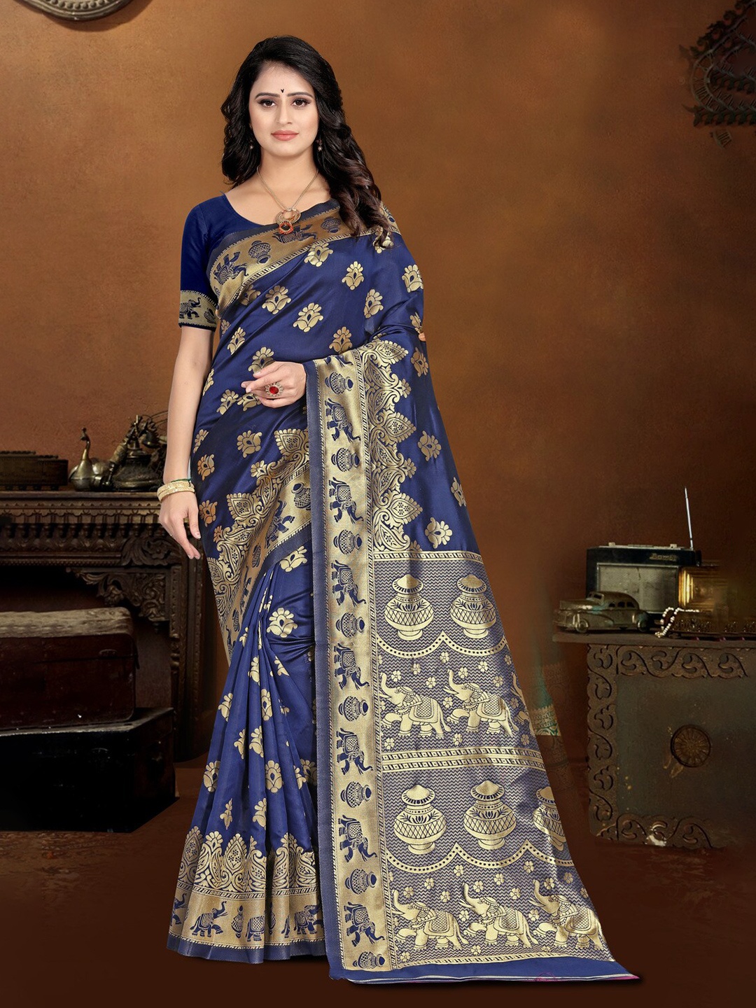 

KALINI Ethnic Motifs Woven Design Kanjeevaram Saree, Navy blue