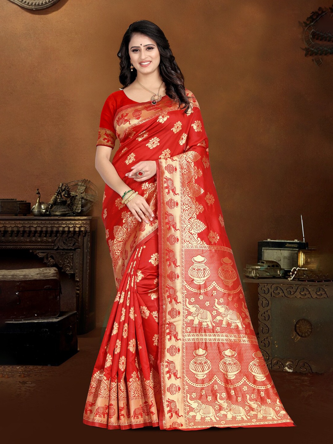 

KALINI Floral Woven Design Zari Kanjeevaram Saree, Red