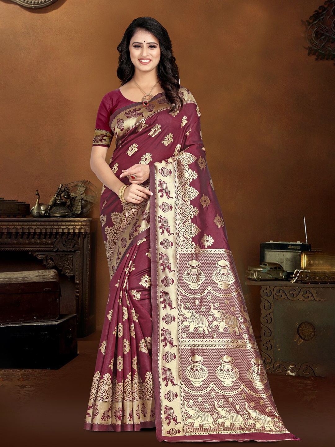 

KALINI Floral Woven Design Kanjeevaram Saree, Maroon