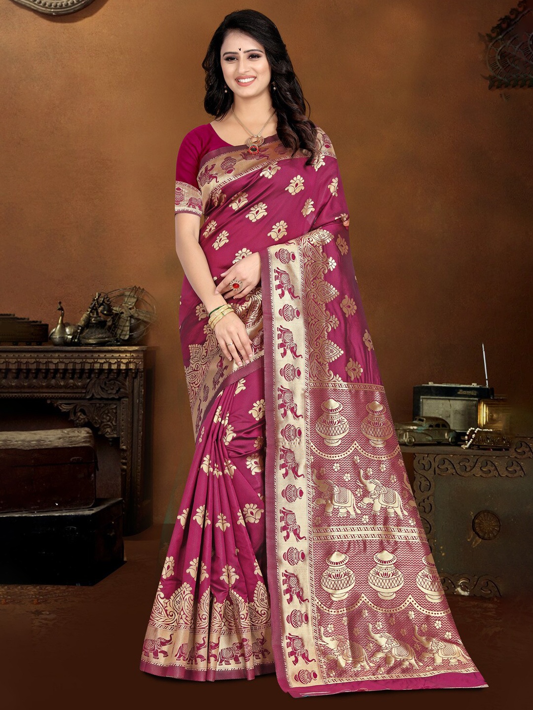 

KALINI Floral Woven Design Zari Kanjeevaram Saree, Peach