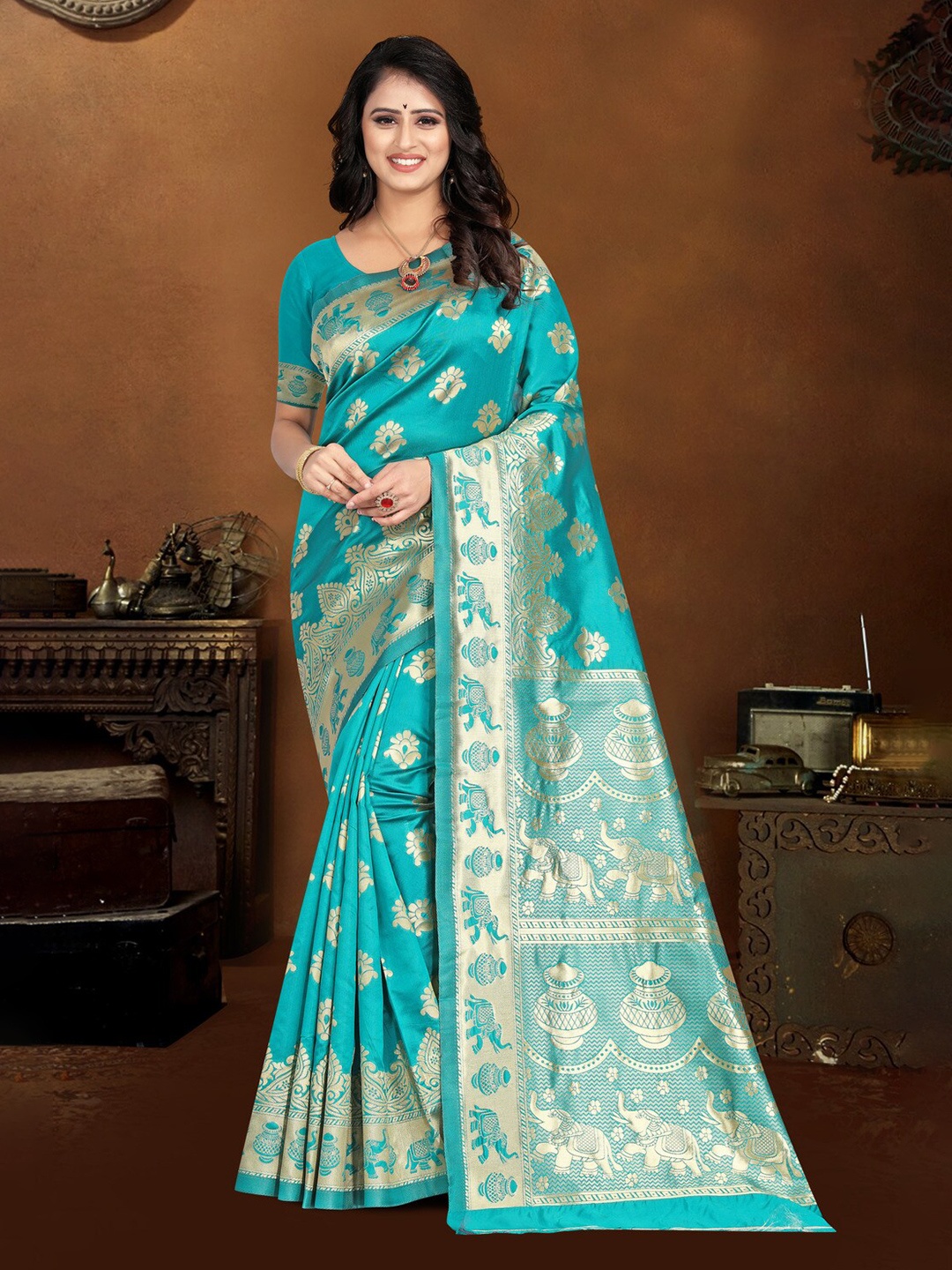 

KALINI Ethnic Motifs Woven Design Zari Kanjeevaram Saree, Teal