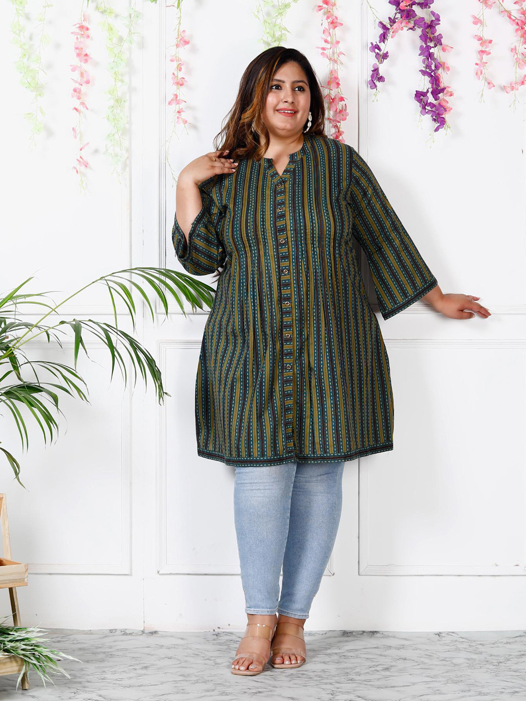 

KALINI Plus Size Striped Mandarin Collar Cotton A-Line Dress, Green