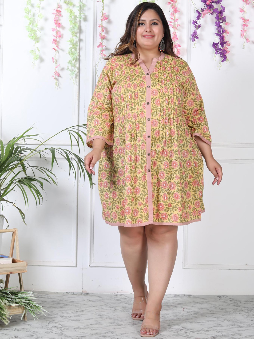 

KALINI Plus Size Floral Printed Mandarin Collar Cotton Shirt Dress, Yellow