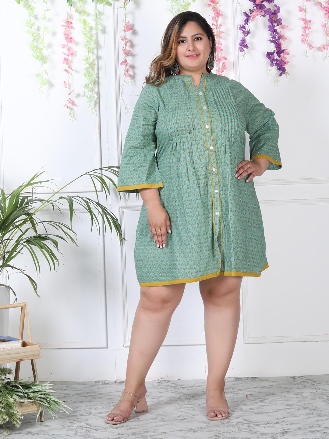 

KALINI Plus Size Mandarin Collar Cotton Shirt Dress, Green