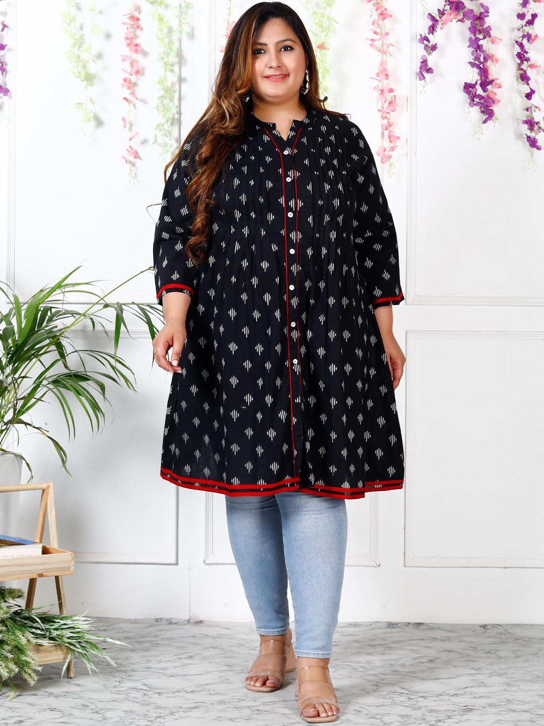 

KALINI Plus Size Floral Printed Mandarin Collar Cotton A-Line Dress, Black