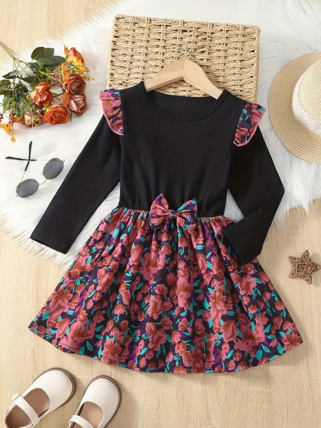

BAESD Girls Floral Print Round Neck Long Sleeves Fit & Flare Dress, Black