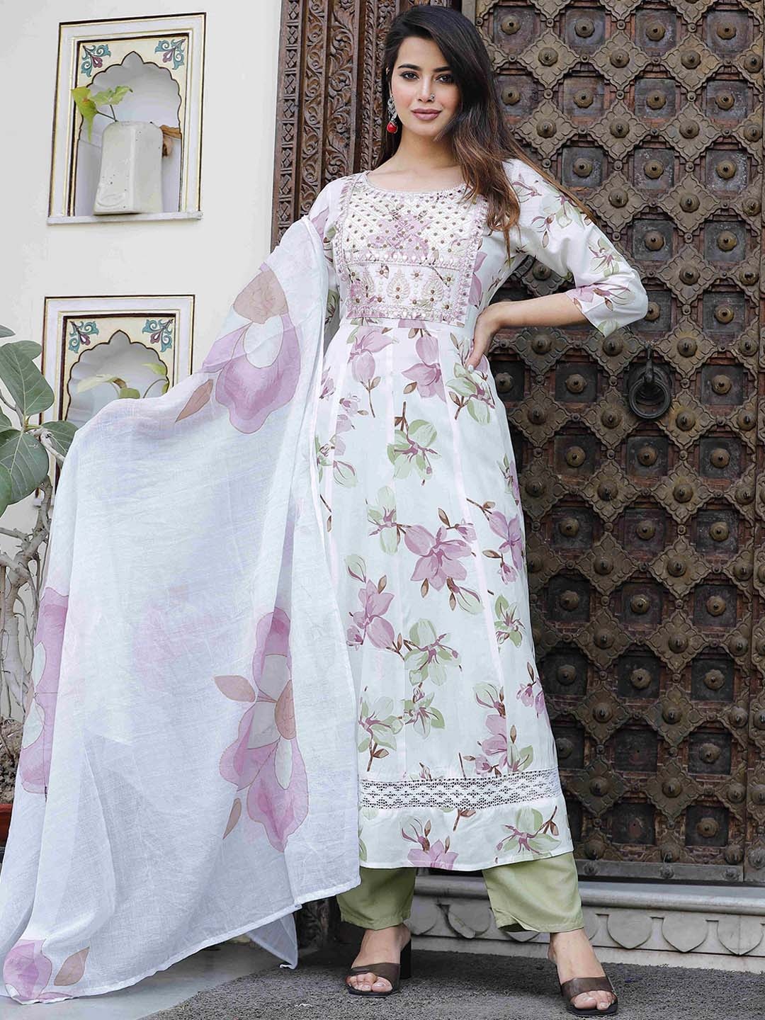 

SINGNI Round Neck Floral Printed Regular Thread Work Kurta Set, White