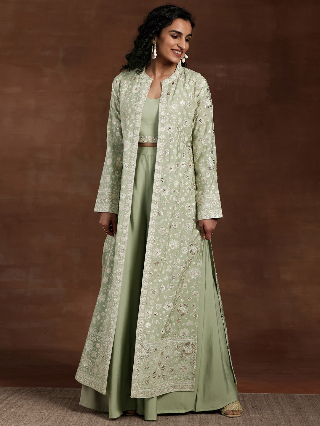 

Libas Round Neck Top Long Shrug & Palazzos, Green