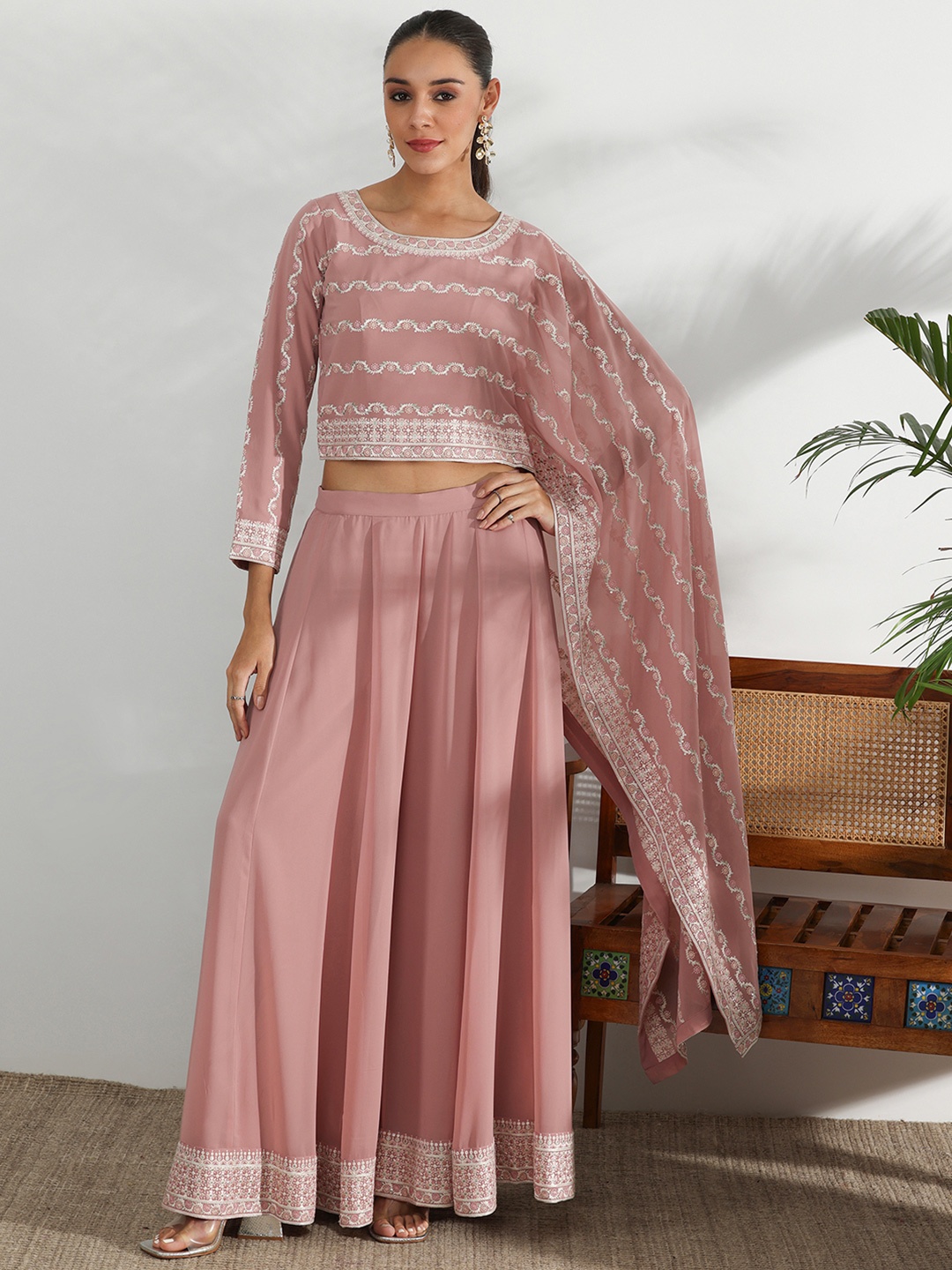 

Libas Printed Top & Flared Palazzos, Pink