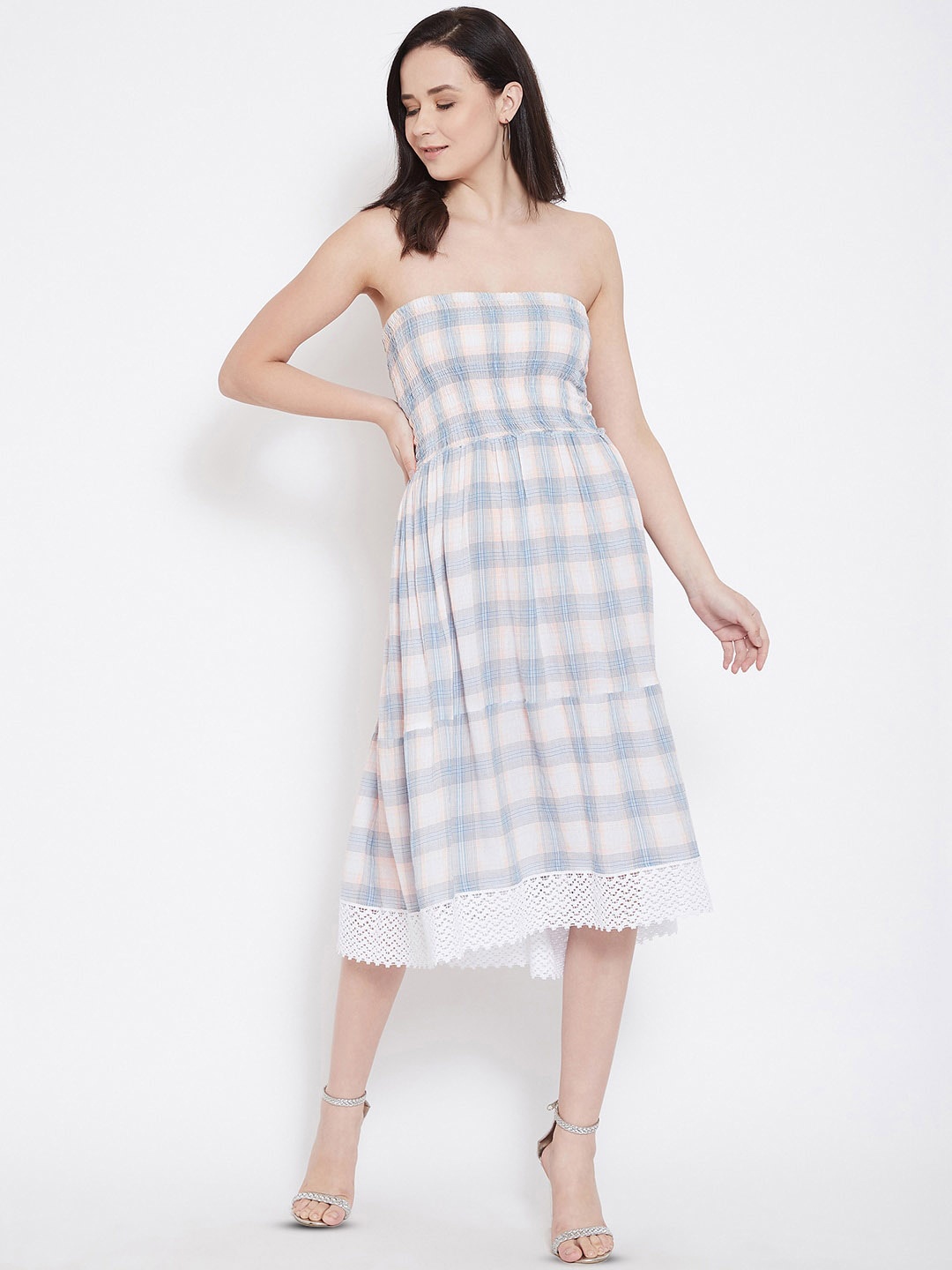 

Ruhaans Checked Off-Shoulder Fit & Flare Midi Dress, White