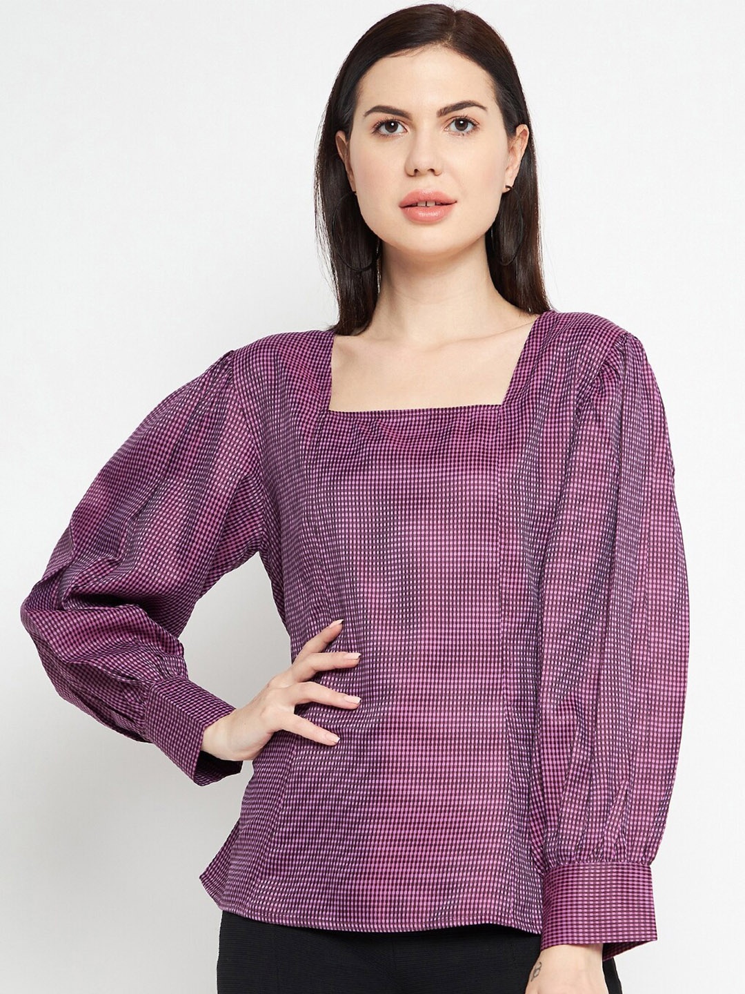 

Ruhaans Square Neck Striped Puff Sleeve Crepe Top, Pink