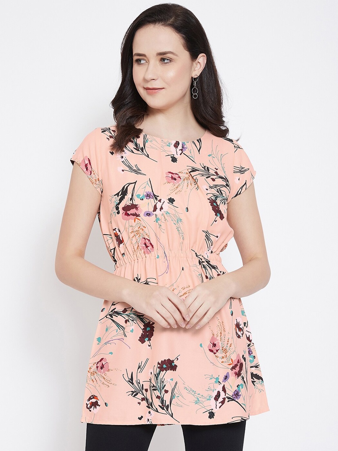 

Ruhaans Round Neck Short Sleeves Floral Print Georgette Longline Top, Pink