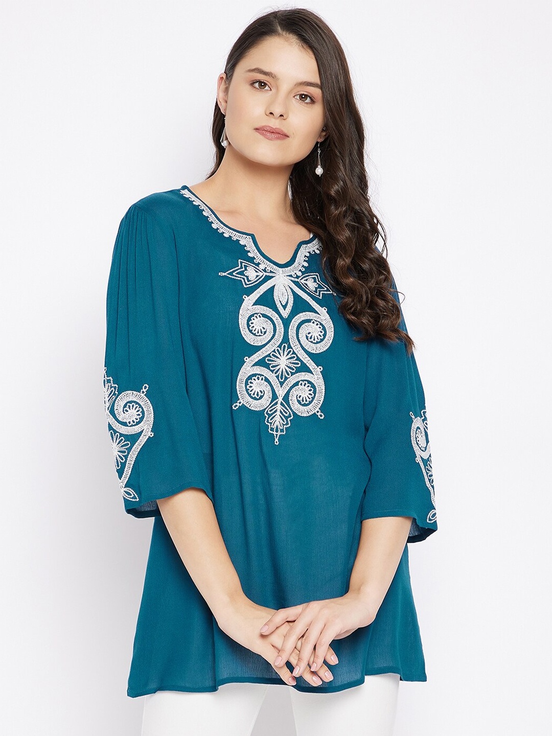 

Ruhaans Notched Neck Flared Sleeves Embroidered A Line Top, Teal