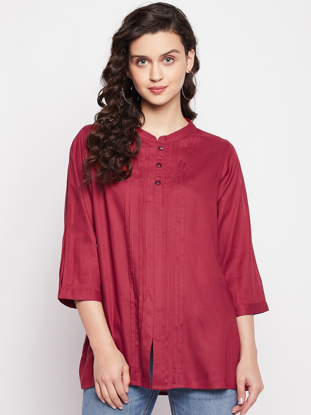 

Ruhaans Mandarin Collar Shirt Style Top, Rust