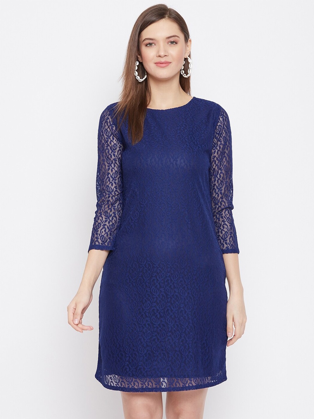 

Ruhaans Round Neck Net Sheath Dress, Navy blue