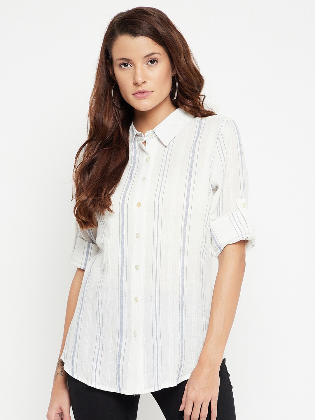 

Ruhaans Classic Fit Vertical Striped Casual Cotton Shirt, Off white