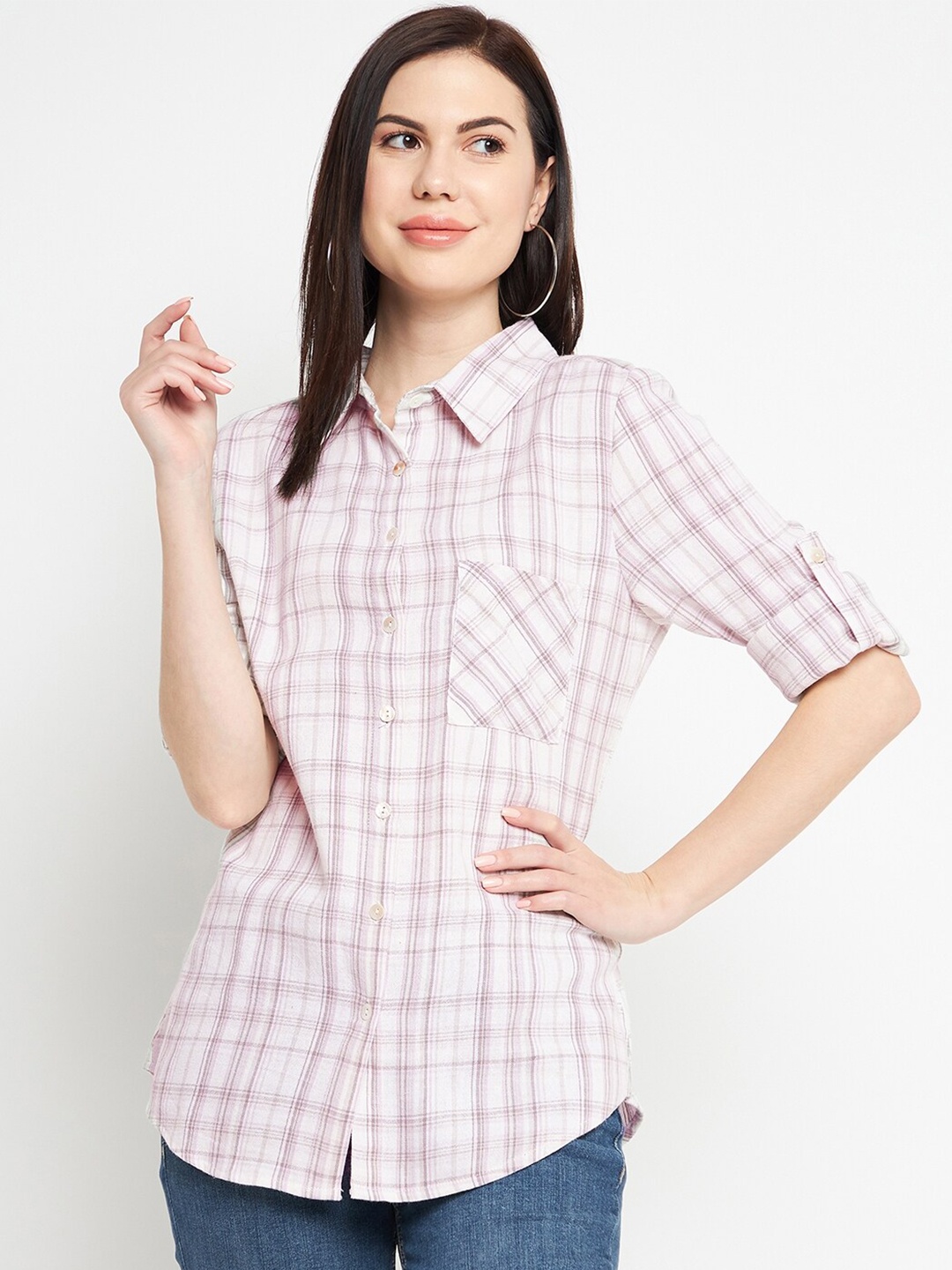 

Ruhaans Classic Fit Tartan Checked Cotton Casual Shirt, Cream