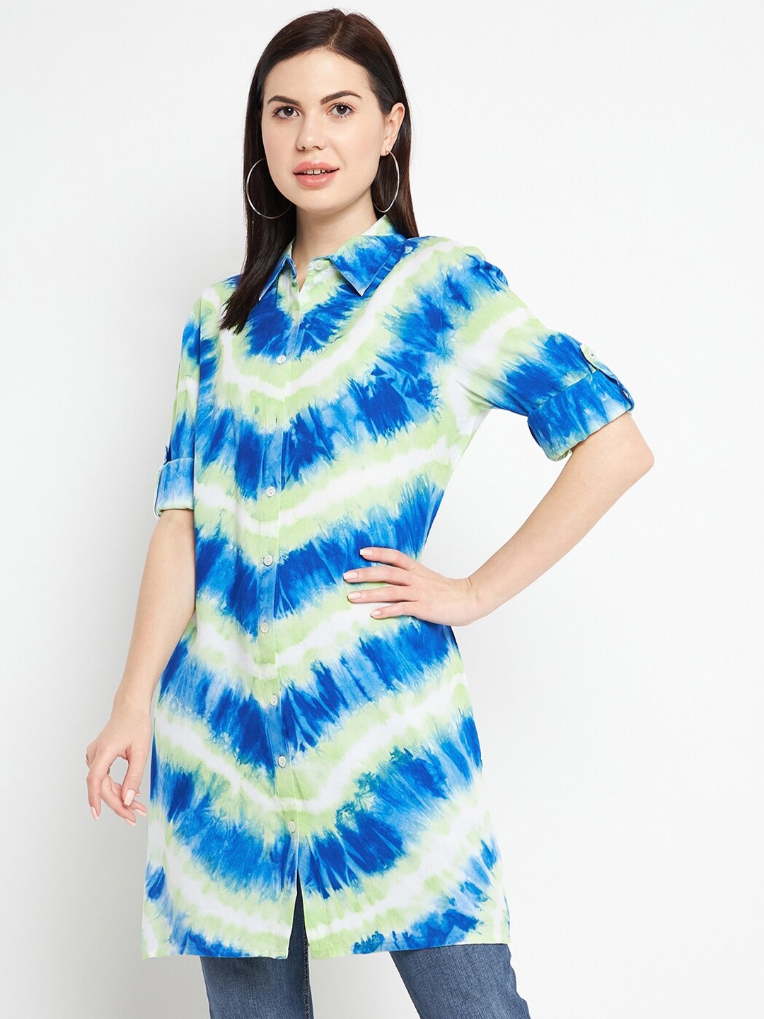 

Ruhaans Classic Tie & Dye Longline Casual Shirt, Blue