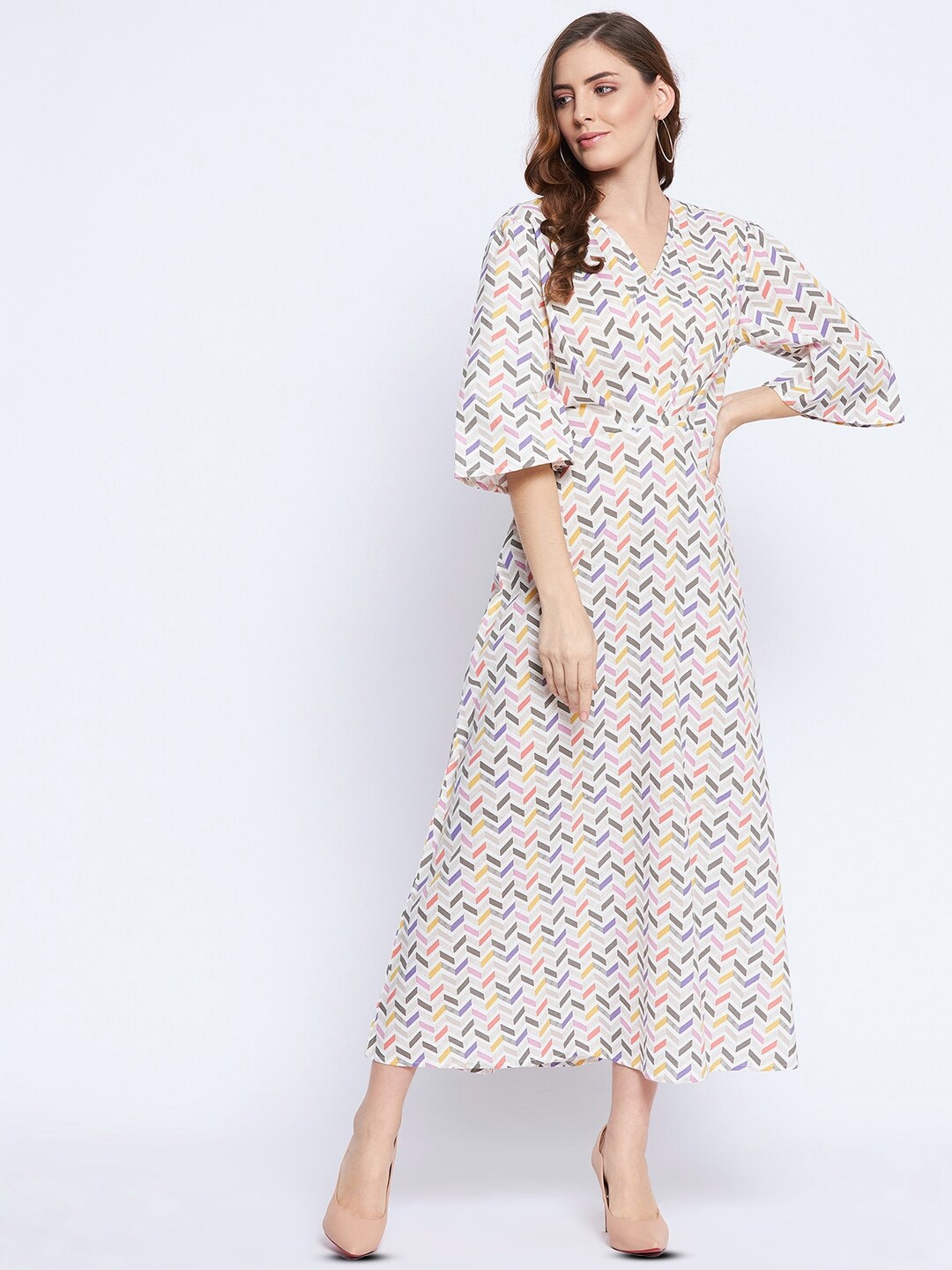 

Ruhaans Printed Flared Sleeve Maxi Dress, Cream