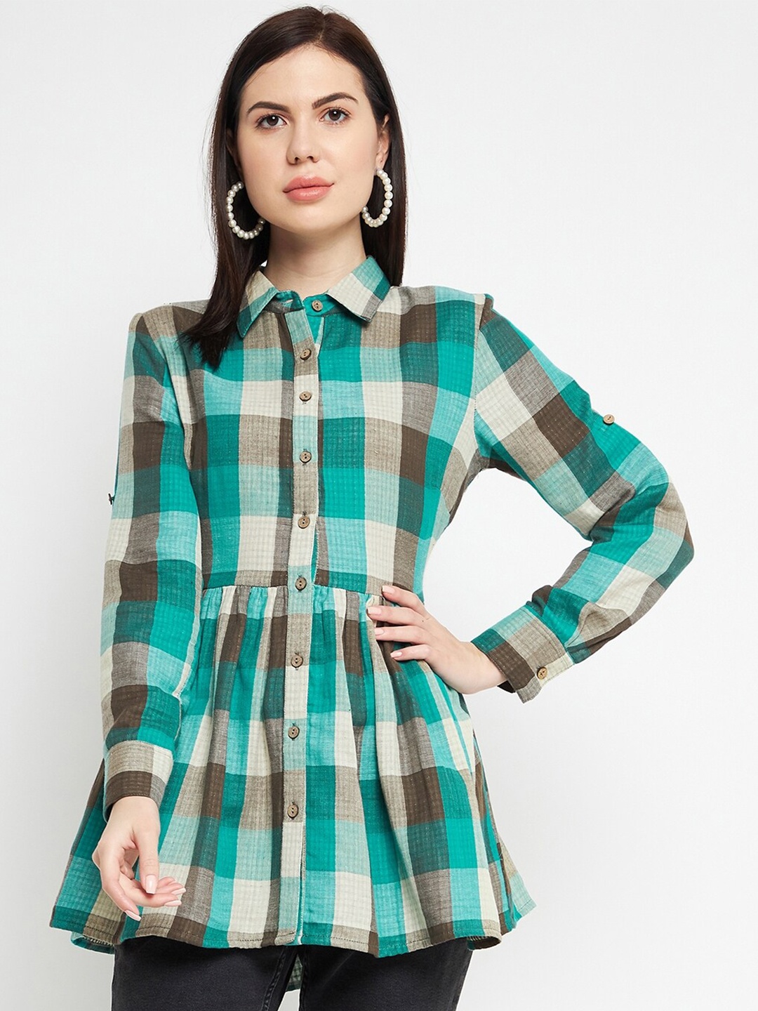 

Ruhaans Shirt Collar Checked Cotton Shirt Style Longline Top, Green