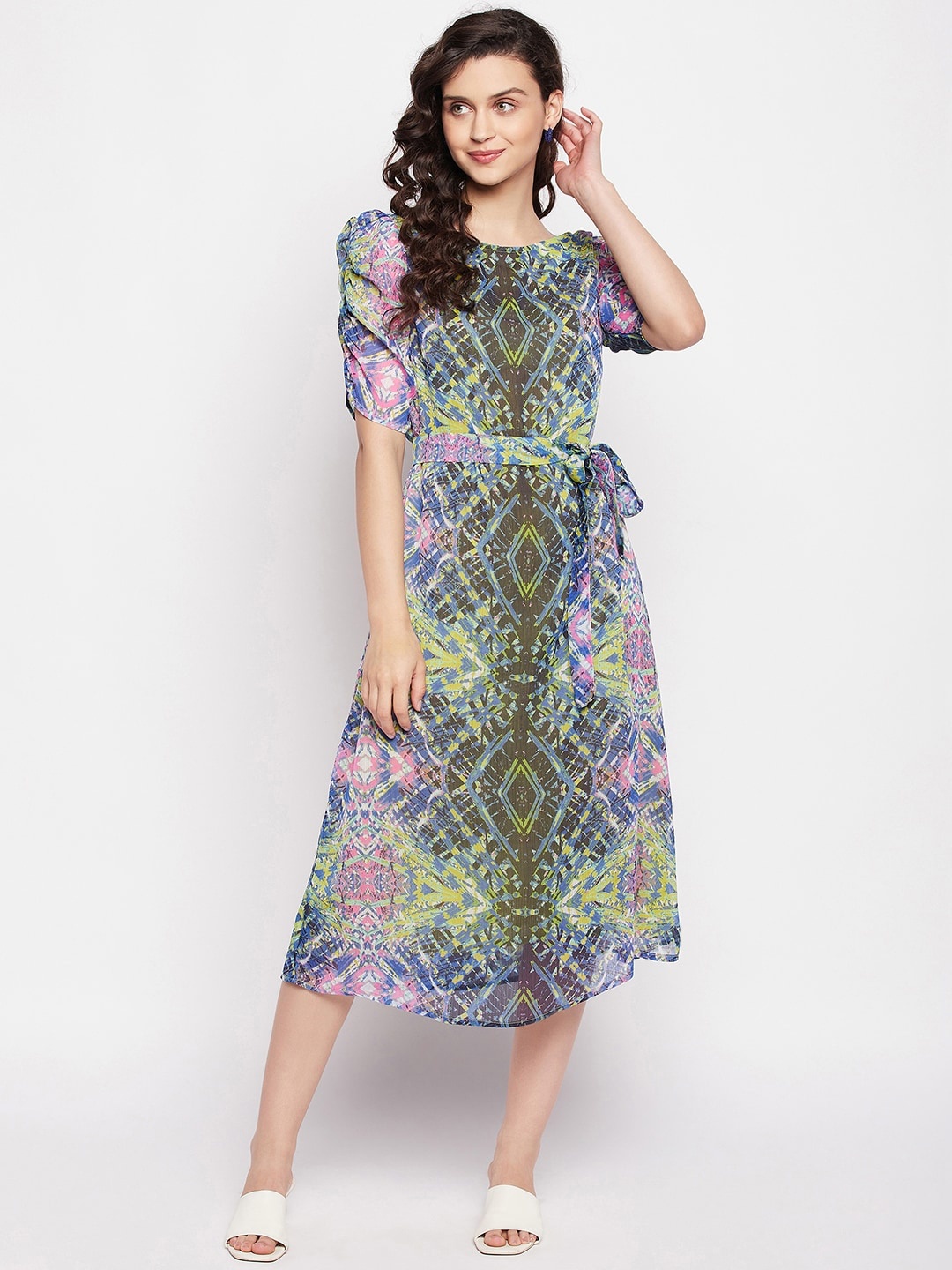 

Ruhaans Ethnic Motifs Printed Georgette A-Line Midi Dress, Green