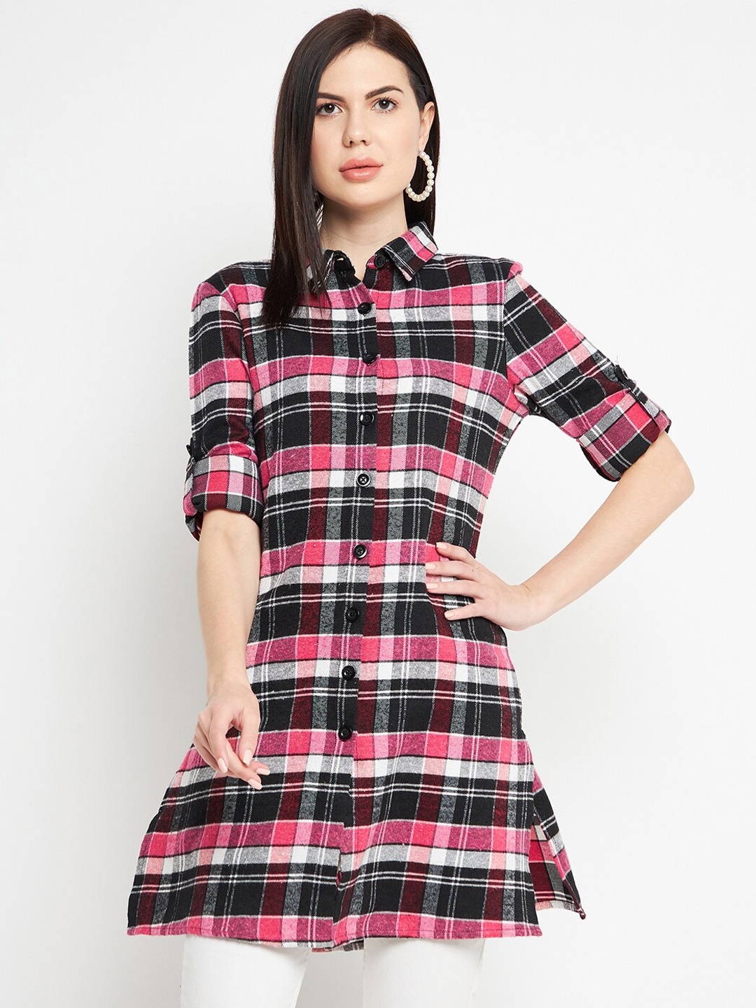 Ruhaans Classic Tartan Checked Longline Casual Shirt, Black