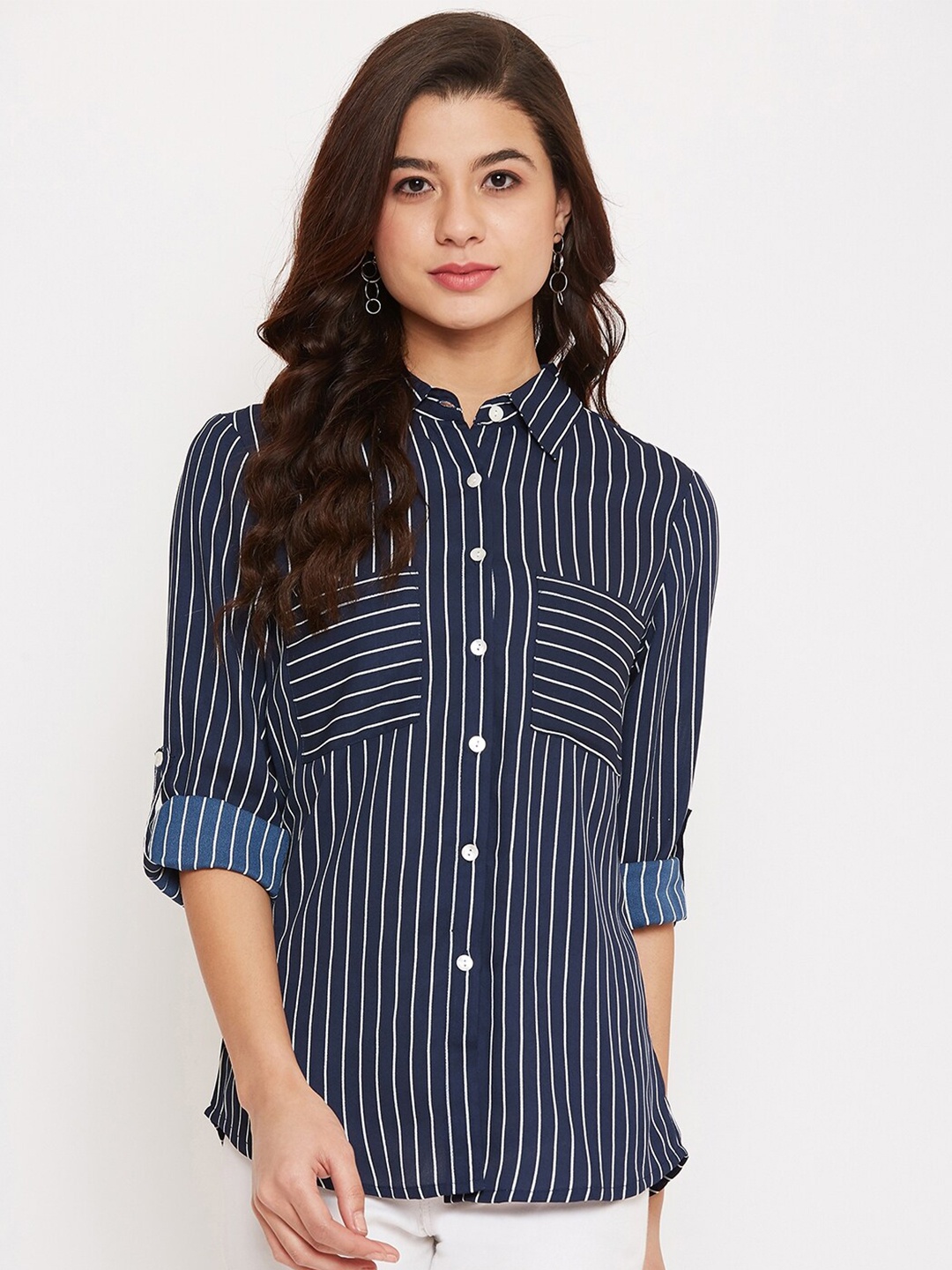 

Ruhaans Classic Fit Vertical Striped Casual Georgette Shirt, Navy blue