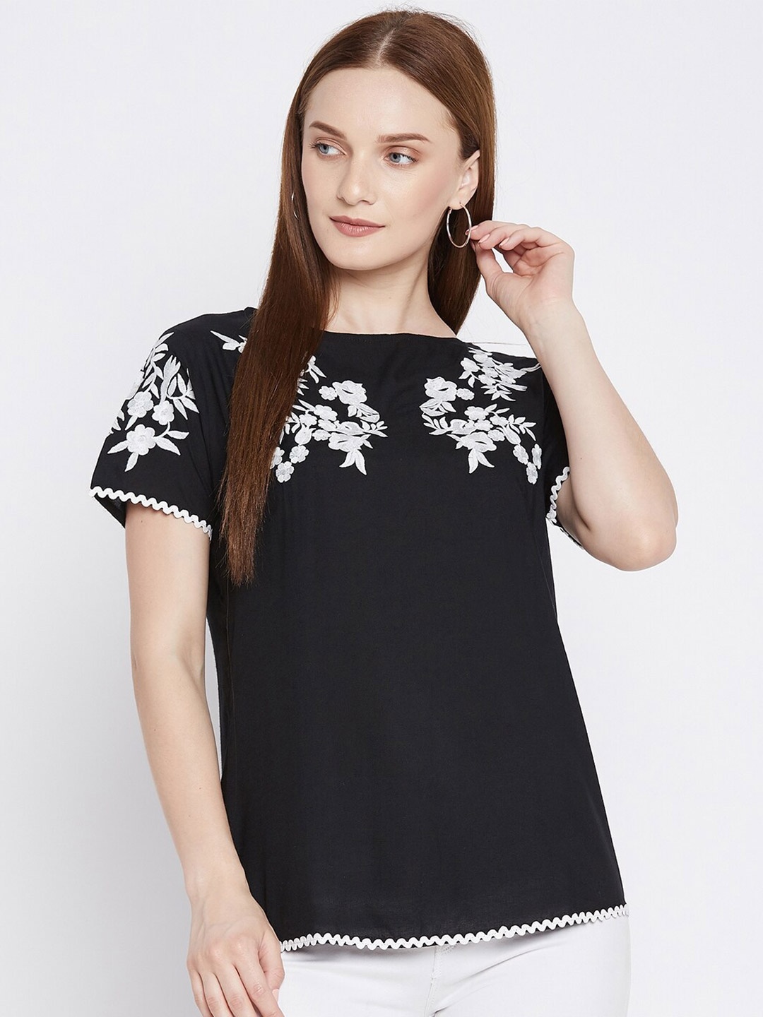 

Ruhaans Round Neck Short Sleeves Floral Embroidered Top, Black