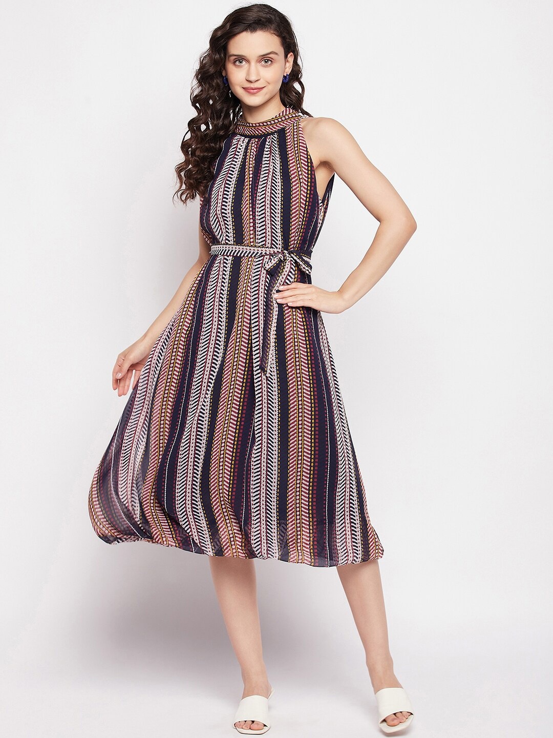 

Ruhaans Striped Georgette Fit & Flare Midi Dress, Navy blue