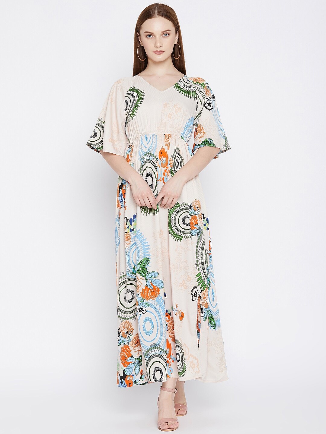 

Ruhaans Floral Printed Flared Sleeve Crepe Maxi Dress, Cream