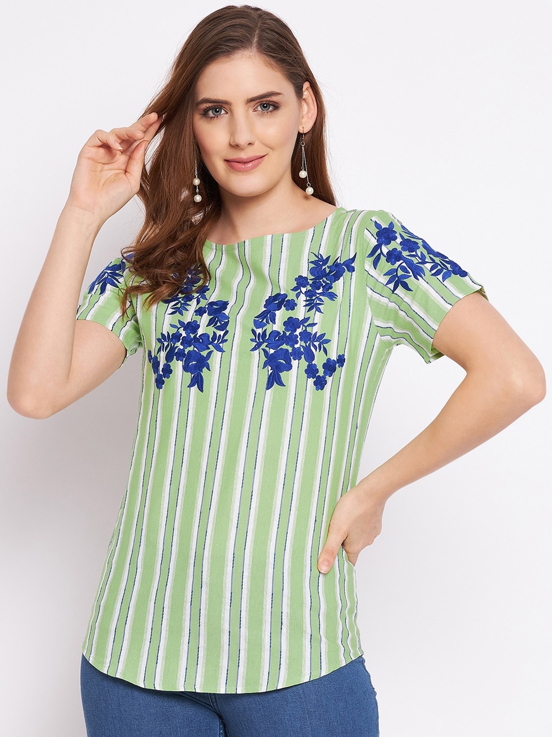 

Ruhaans Boat Neck Print Cotton Top, Green