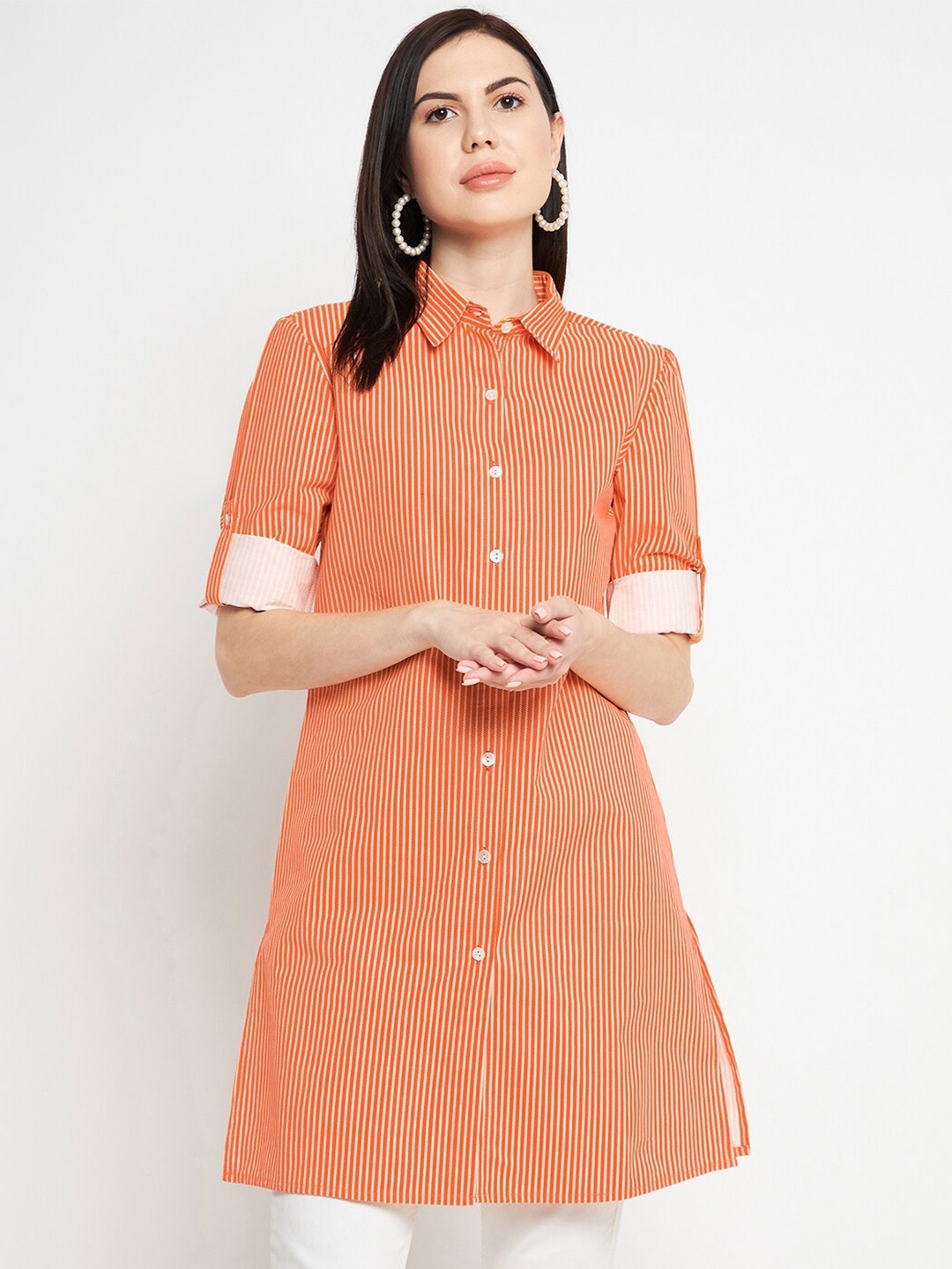 

Ruhaans Classic Striped Cotton Longline Casual Shirt, Orange